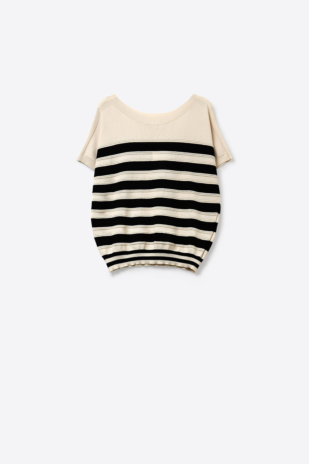 Q2 beige and Black Striped Short Sleeve Knit sweater