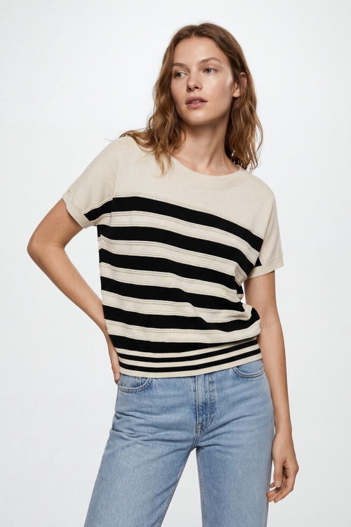 beige and Black Striped Short Sleeve Knit sweater