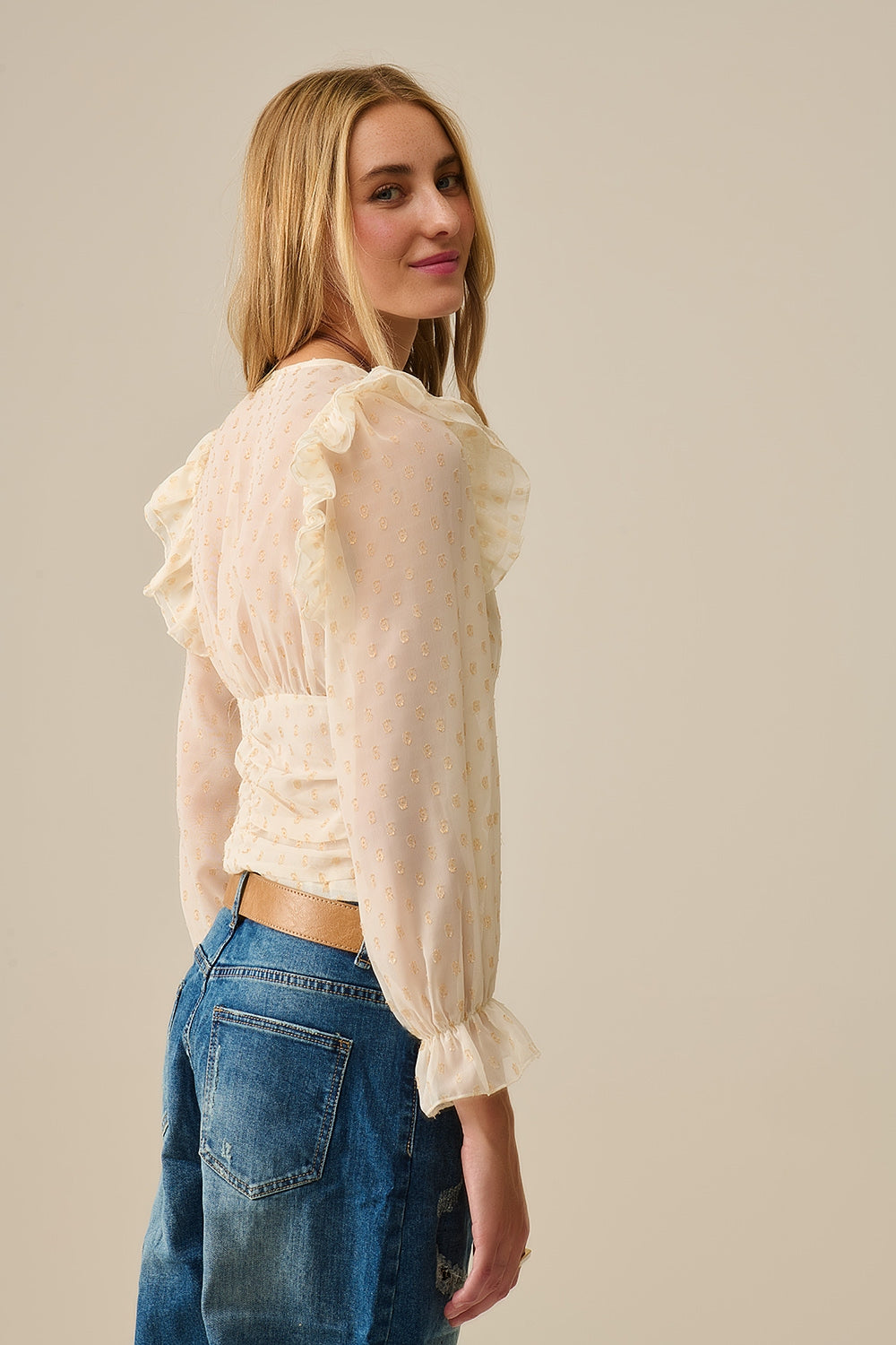 Beige Blouse with golden dots and frill details