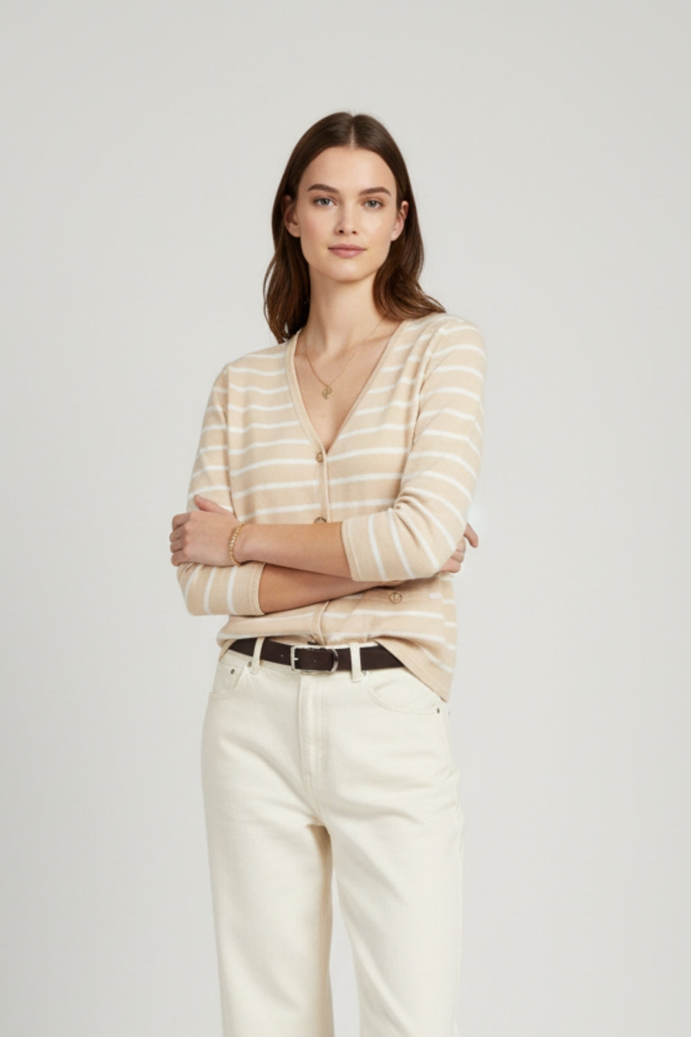 Beige Cardigan with White Stripes and Gold Buttons