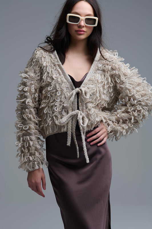 Q2 Beige Cropped chunky Knit cardigan with V-Neck and Front Tie closure