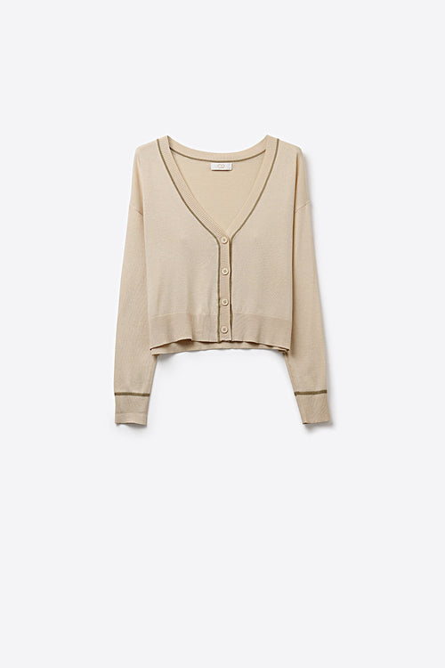 Q2 Beige Fine Knit Cardigan with Contrast Trim in brown