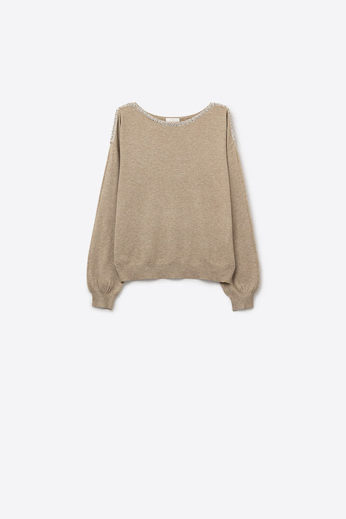 Q2 beige fine knit sweater with a boat neck and rhinestone detail