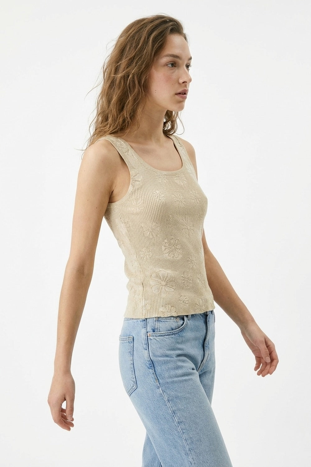 Beige Floral Embroidered Ribbed Knit Tank Top