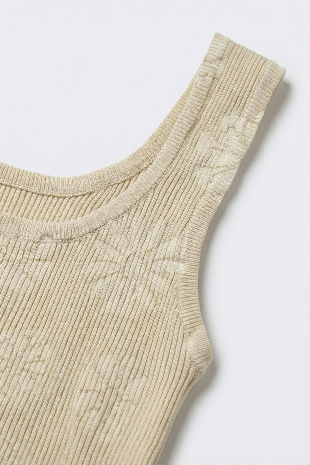 Beige Floral Embroidered Ribbed Knit Tank Top
