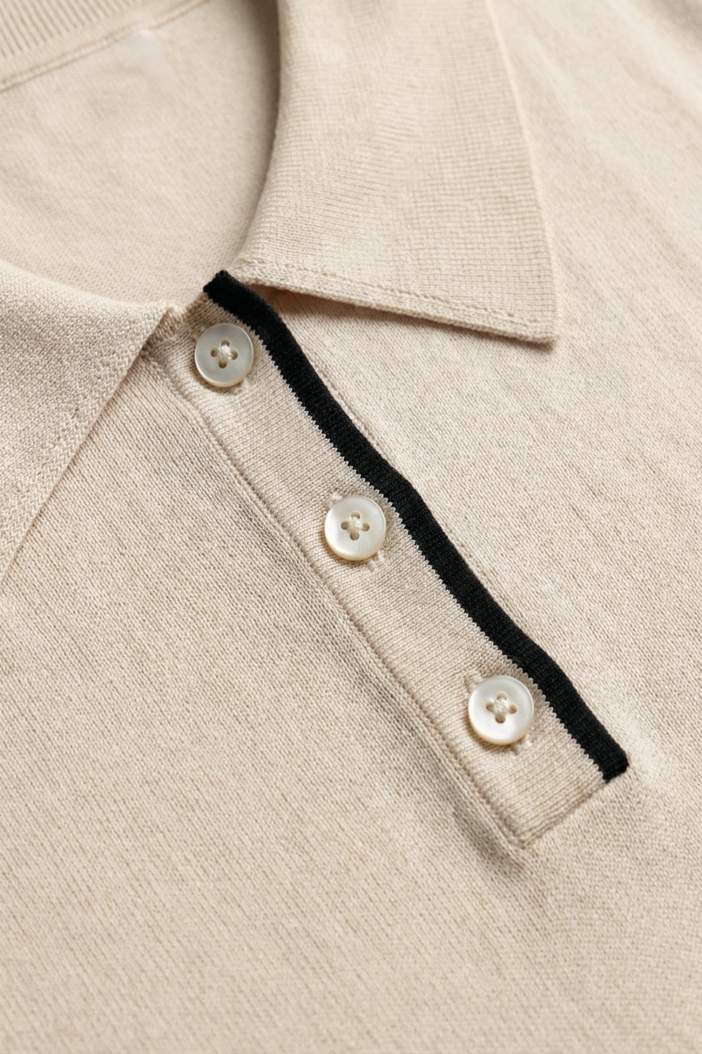 Beige Knit Polo Top with Black Trim Detail