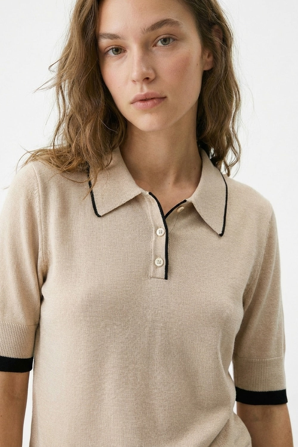 Beige Knit Polo Top with Black Trim Detail
