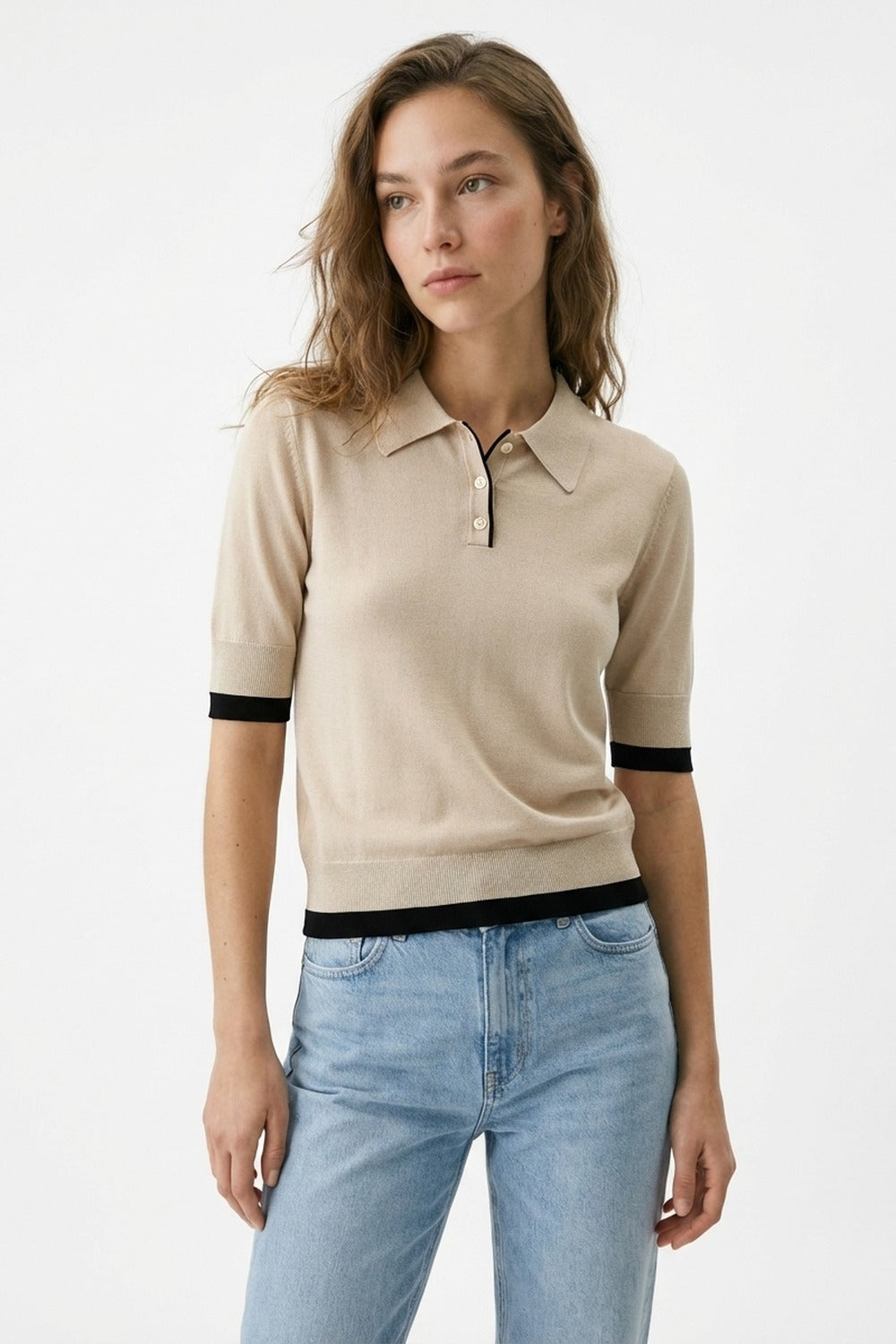 Beige Knit Polo Top with Black Trim Detail