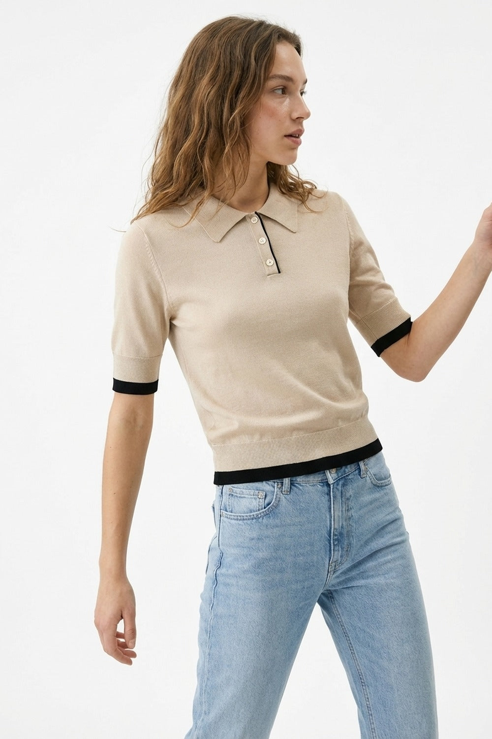 Beige Knit Polo Top with Black Trim Detail