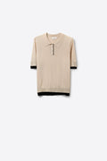 Q2 Beige Knit Polo Top with Black Trim Detail