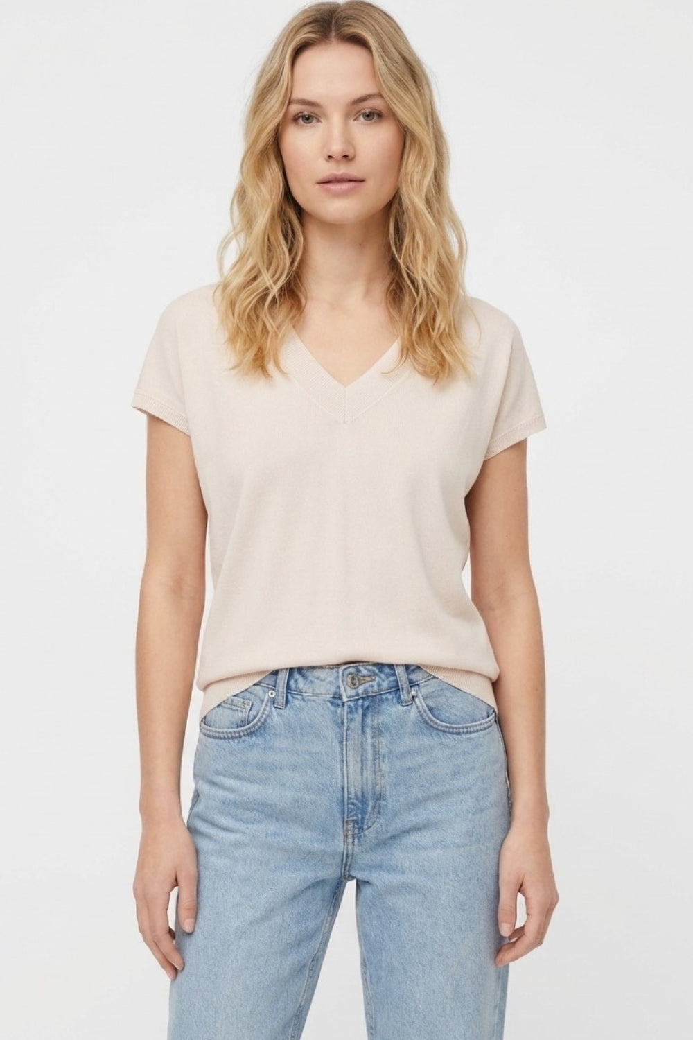 Beige lightweight knit V-neck sweater with short sleeves