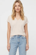 Beige lightweight knit V-neck sweater with short sleeves