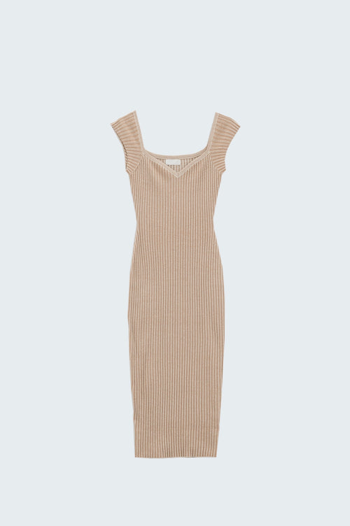 Q2 Beige midi thick rib bodycon dress with cap sleeves