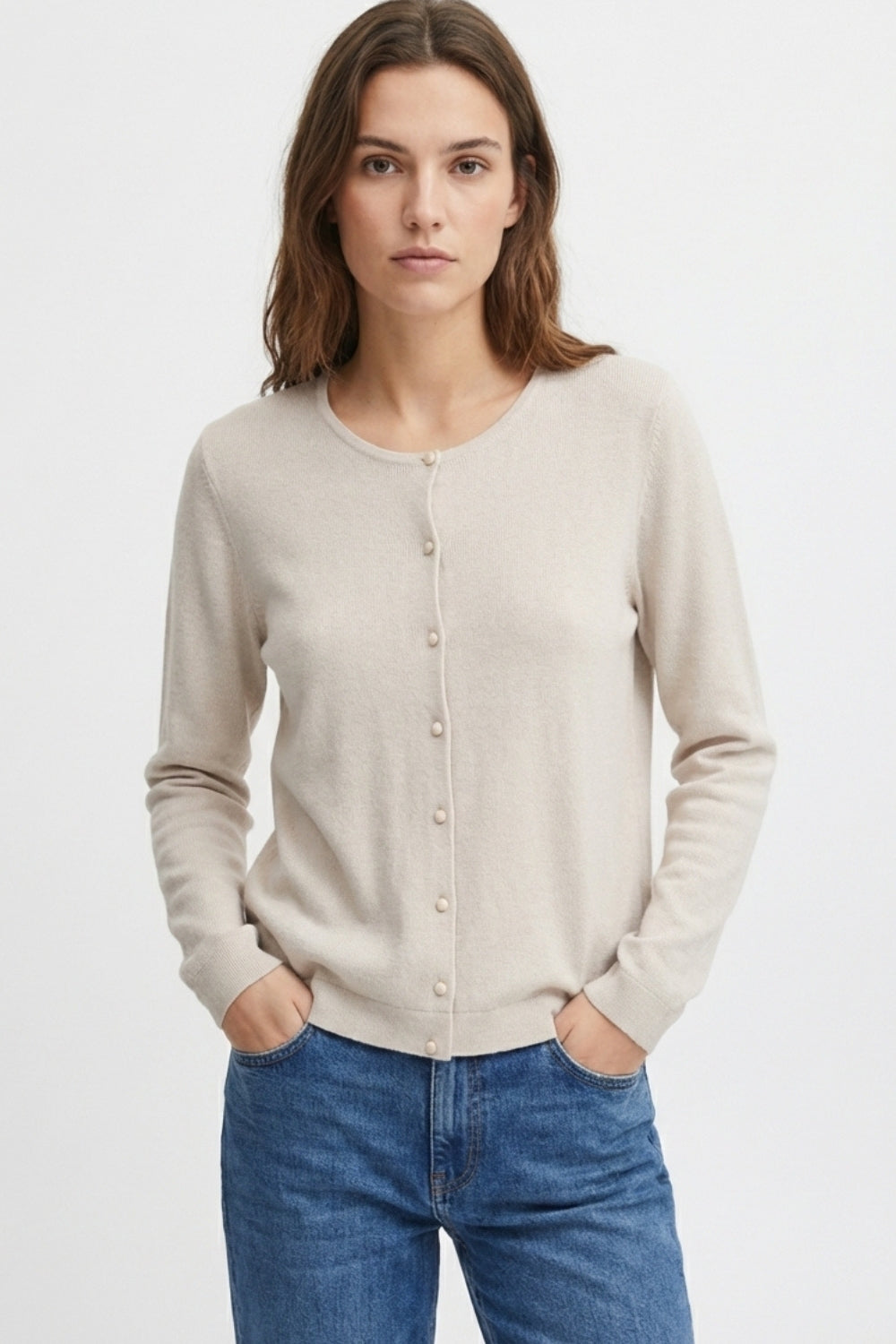 Beige Ribbed Knit Cardigan with Mother-of-Pearl Buttons