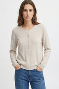 Beige Ribbed Knit Cardigan with Mother-of-Pearl Buttons