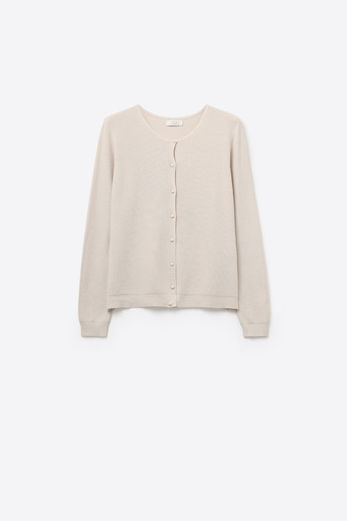 Q2 Beige Ribbed Knit Cardigan with Mother-of-Pearl Buttons