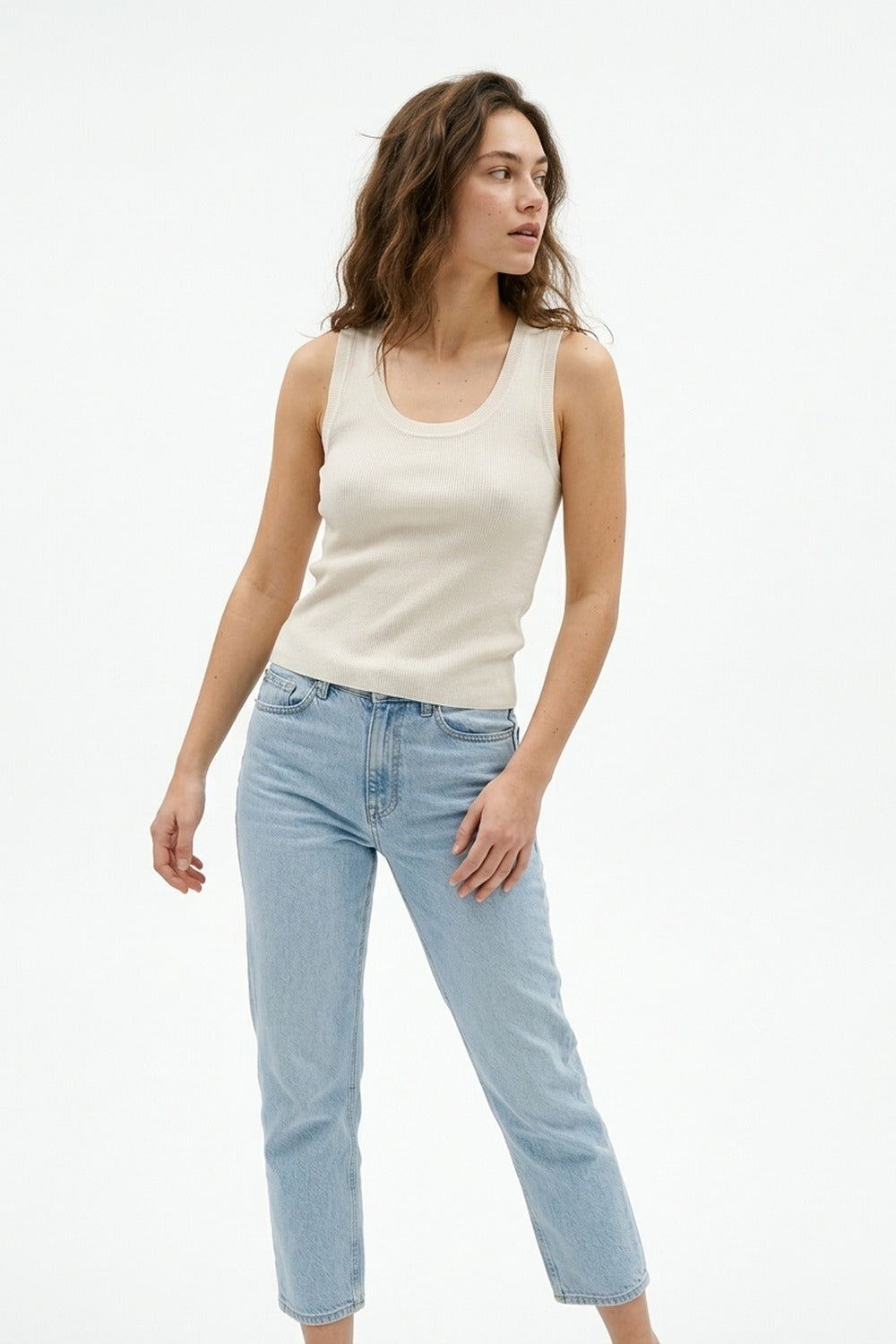 Beige Ribbed Knit Tank Top for Layering