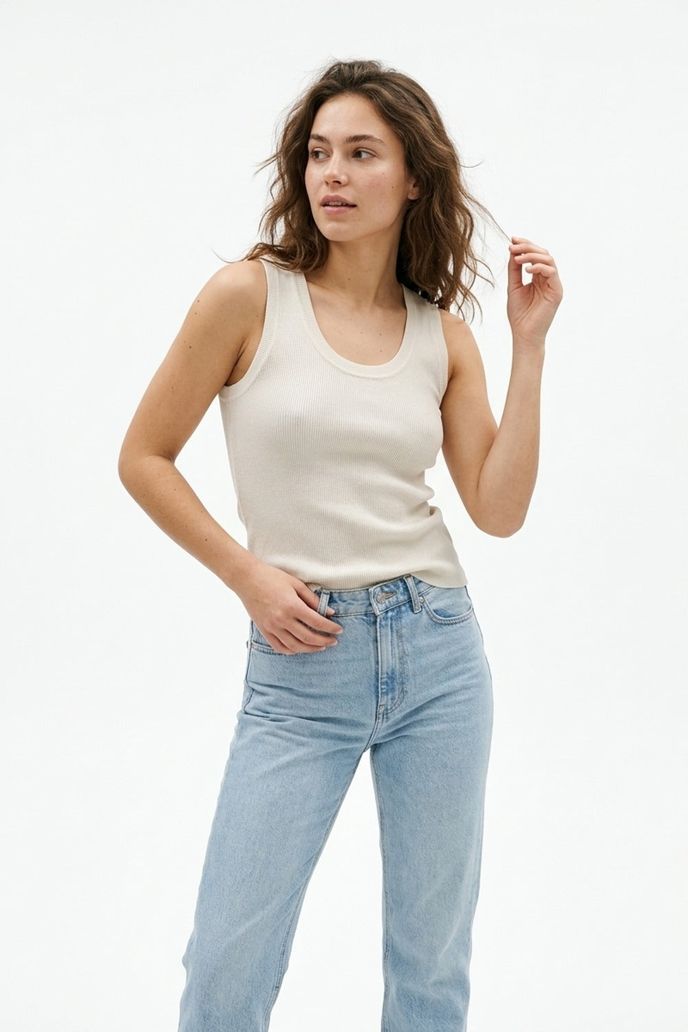 Beige Ribbed Knit Tank Top for Layering