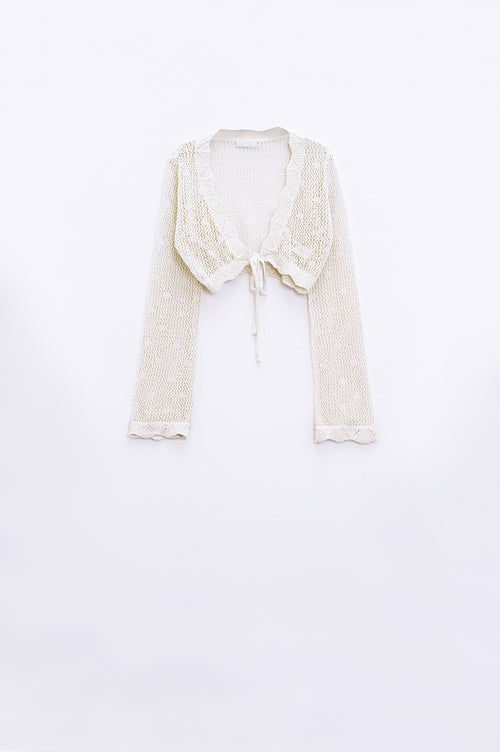 Q2 beige short crochet cardigan with lurex detail
