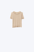 Q2 Beige Short Sleeve Knit Top with Camel Contrast Trims