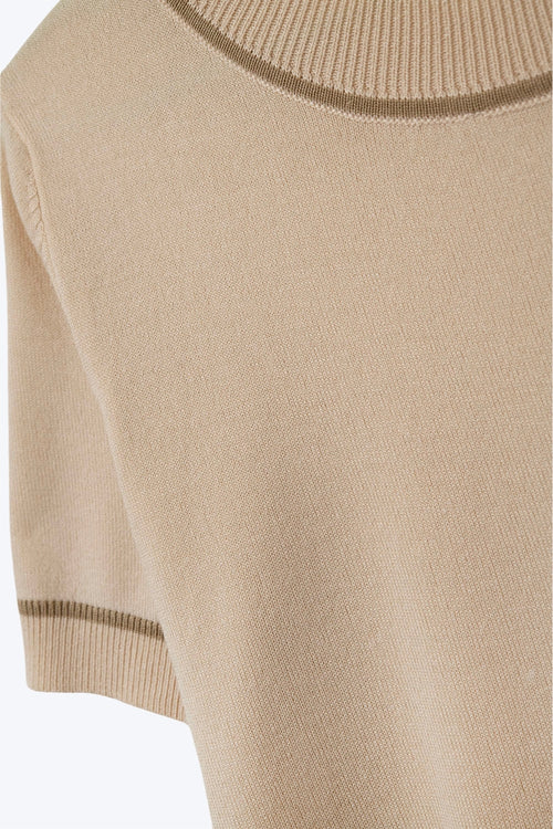 Beige Short Sleeve Knit Top with Camel Contrast Trims