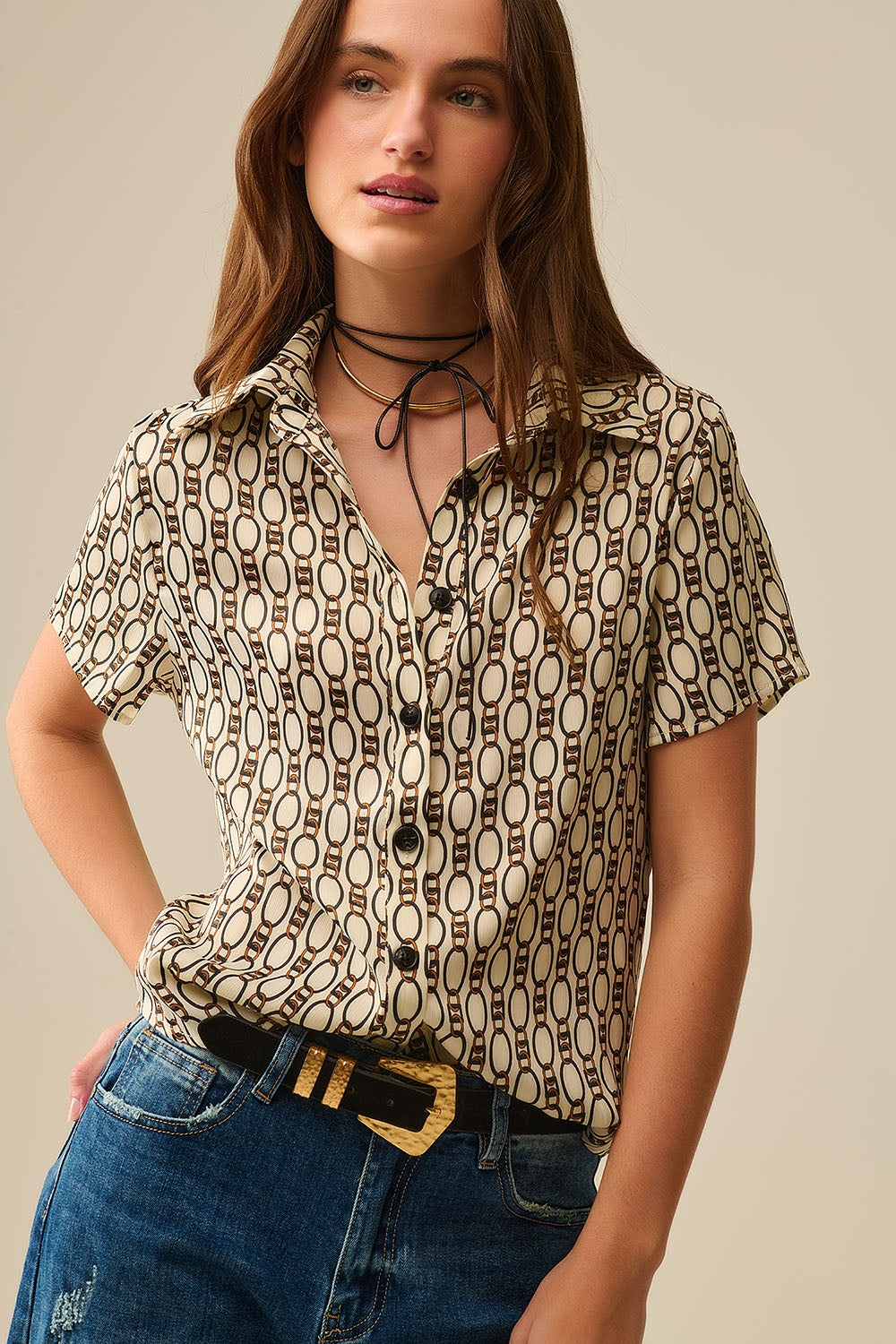 Q2 Beige Short-sleeved Chain Print Polo Shirt