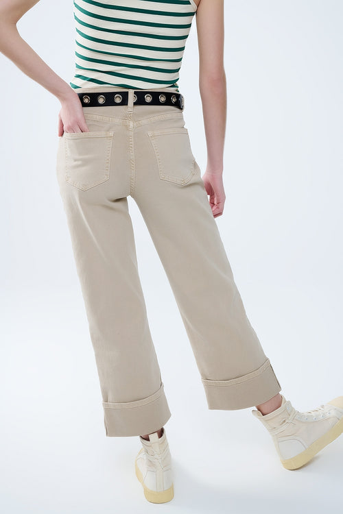Beige Straight leg Pants with cropped hem