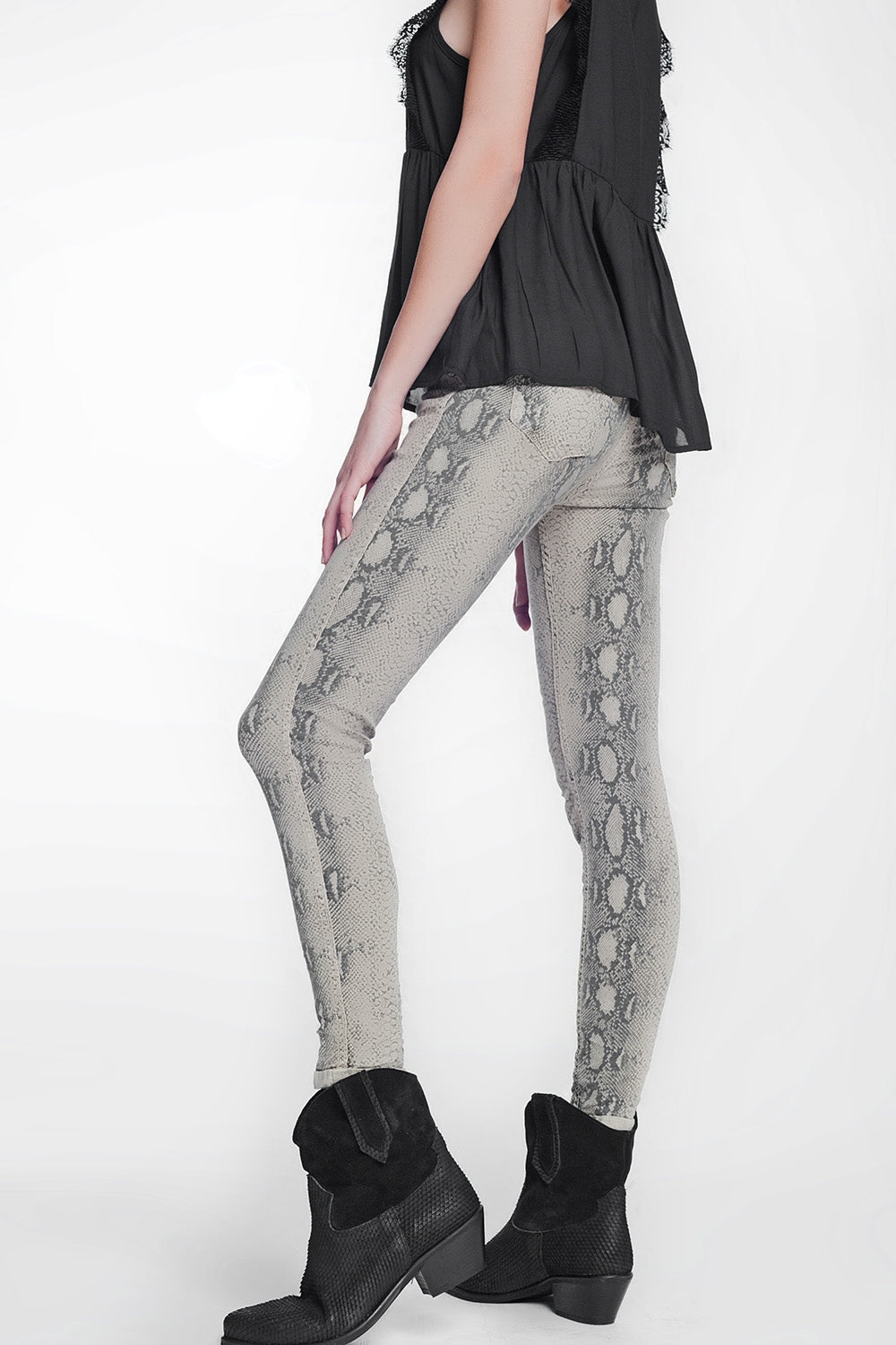 Beige Super Skinny Reversible Pants with Snake Print