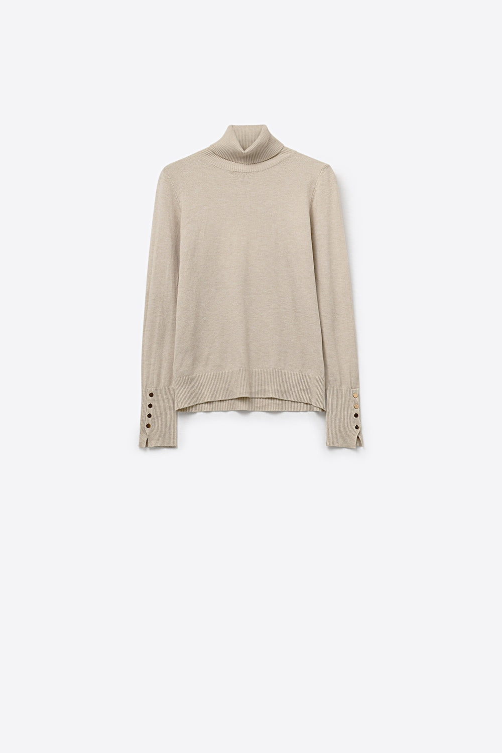 Q2 beige turtleneck sweater with gold buttons on the cuff