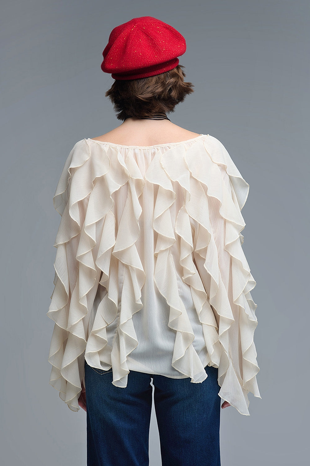 Beige V-Neck All Over Ruffle Blouse
