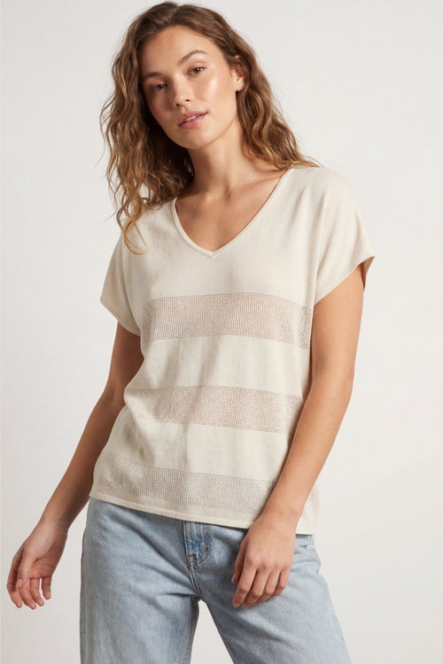 Beige V-neck knit sweater with open stitch detail