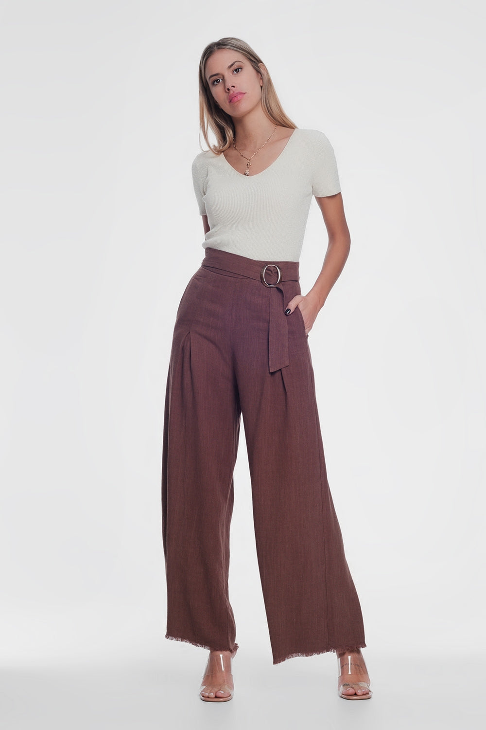 Belted High Waist Wide-Leg Trouser in Brown