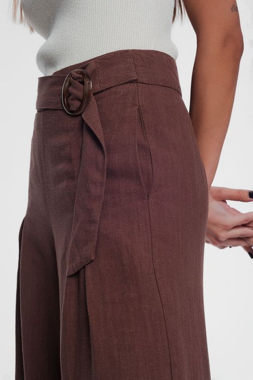 Belted High Waist Wide-Leg Trouser in Brown