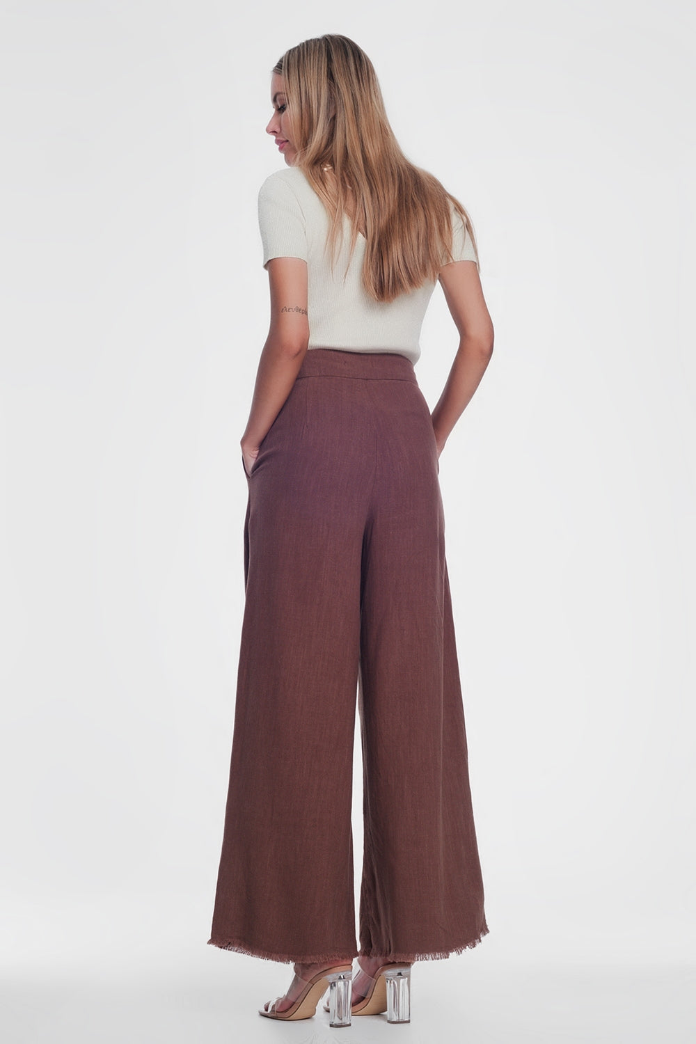 Belted High Waist Wide-Leg Trouser in Brown