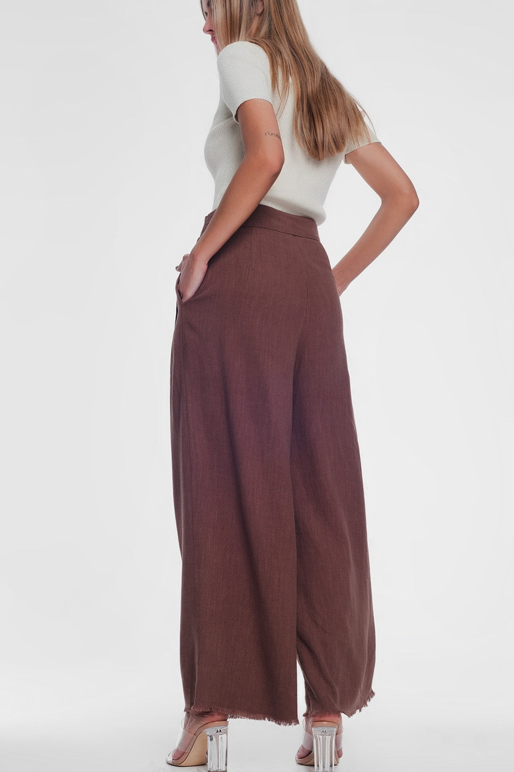 Belted High Waist Wide-Leg Trouser in Brown