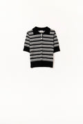 Q2 Black and White Striped Sweater With Polo Neck