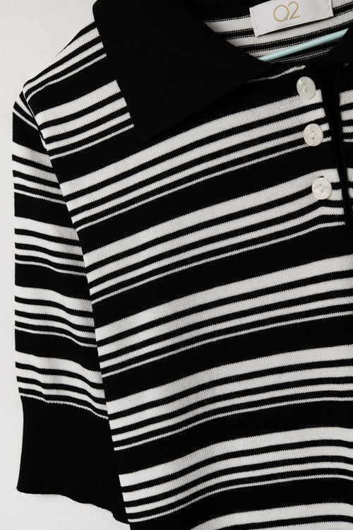 Black and White Striped Sweater With Polo Neck
