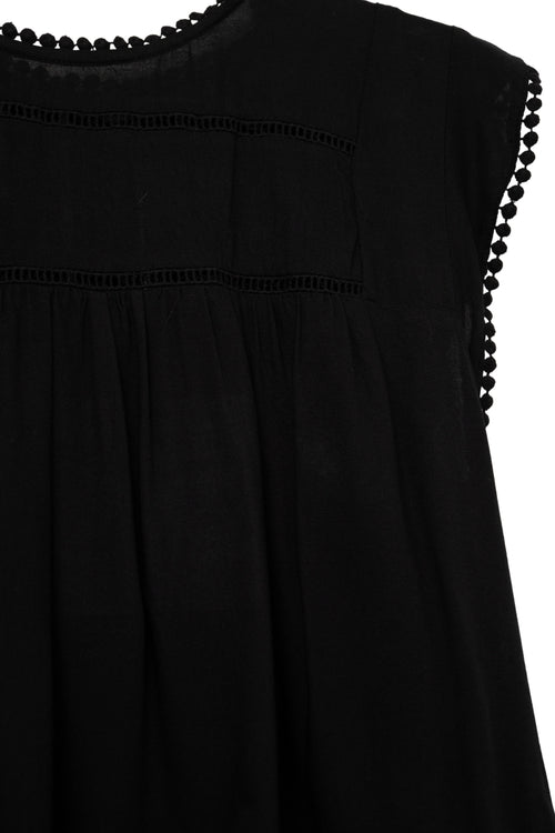 Black Asymmetrical Shirt with Pom Pom Details