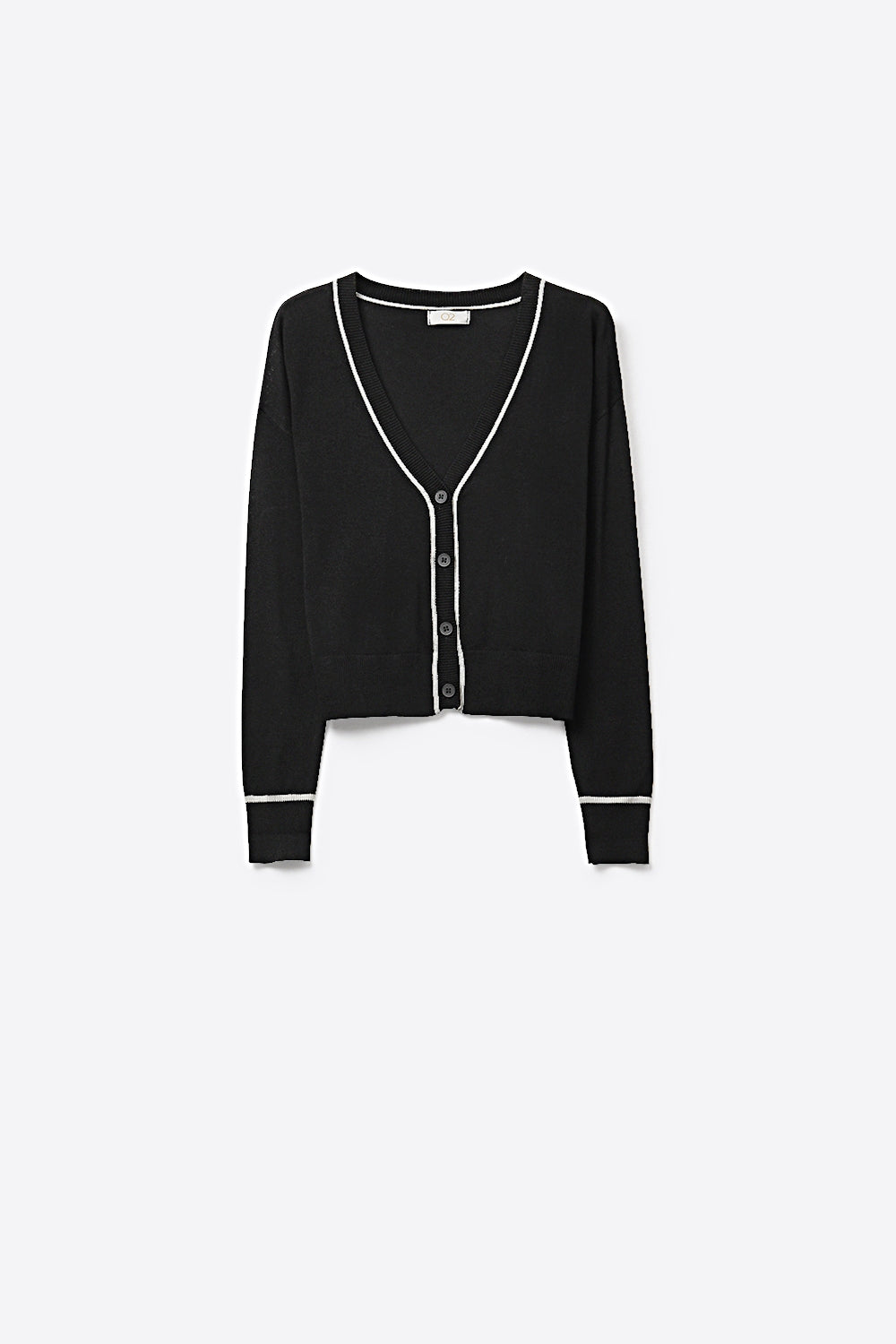 Q2 Black Fine Knit Cardigan with Contrast Trim in white