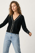 Black Fine Knit Cardigan with Contrast Trim in white