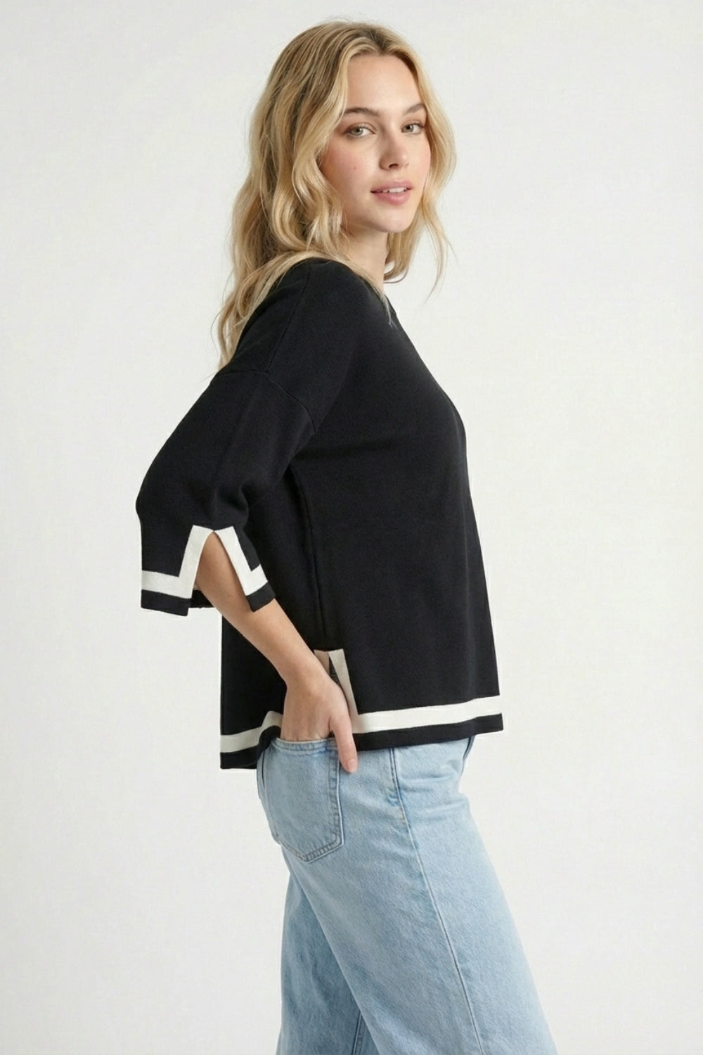 Black Fine Knit Top with Contrast Stripe in white Detail and 3/4 Sleeves