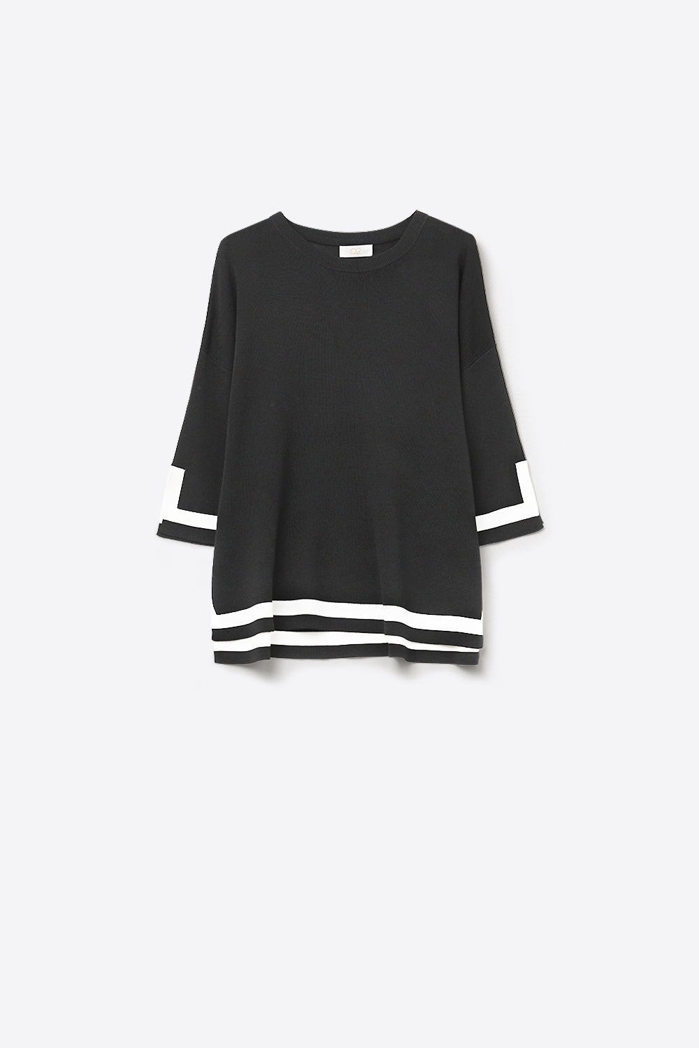 Q2 Black Fine Knit Top with Contrast Stripe in white Detail and 3/4 Sleeves