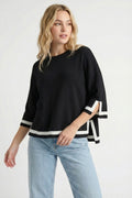 Black Fine Knit Top with Contrast Stripe in white Detail and 3/4 Sleeves