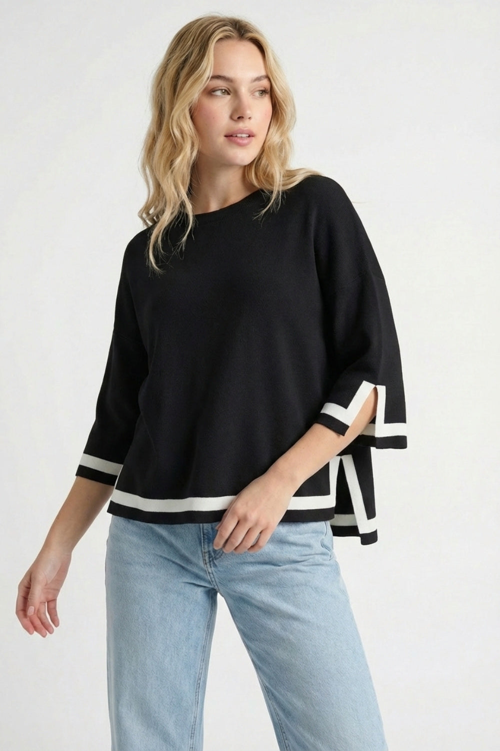 Black Fine Knit Top with Contrast Stripe in white Detail and 3/4 Sleeves
