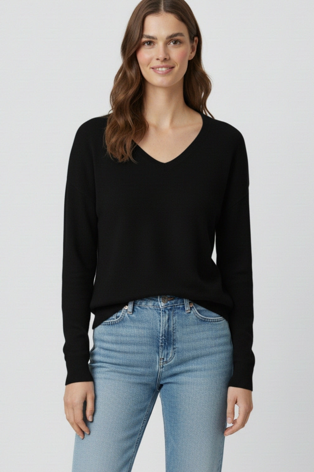 Black Fine Knit V-Neck Sweater with Subtle Linear Texture