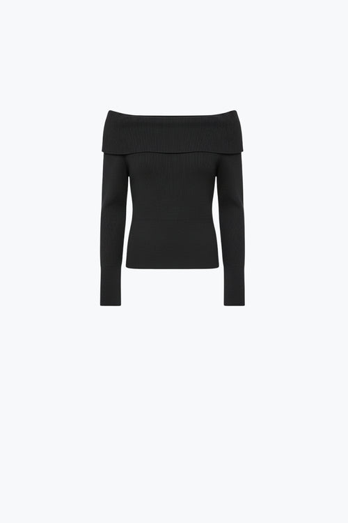 Q2 black fine ribbed knit sweater with wide boat neck