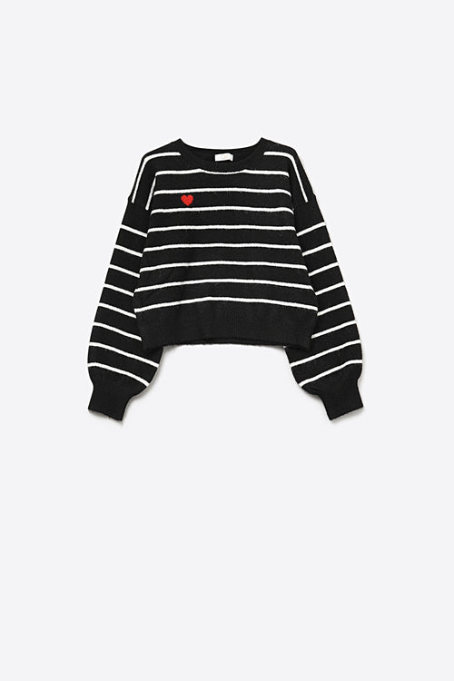 Q2 Black knit sweater with red heart detail and white striped
