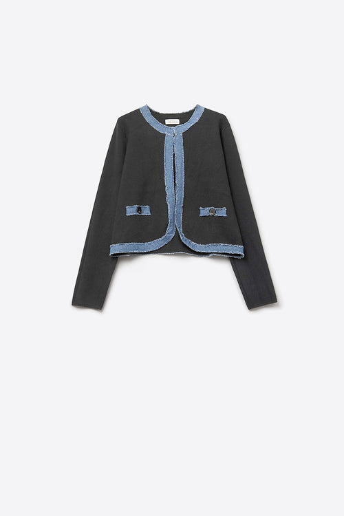 Q2 Black knitted cardigan with Denim Trim Detail