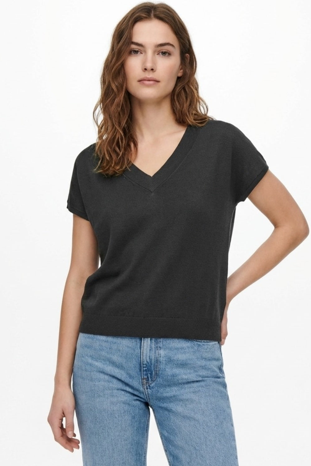 Black lightweight knit V-neck sweater with short sleeves