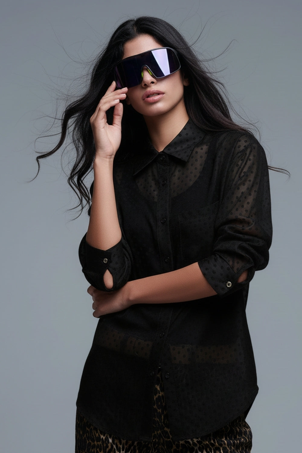 Black Polka-Dot Button-Up Shirt in chiffon